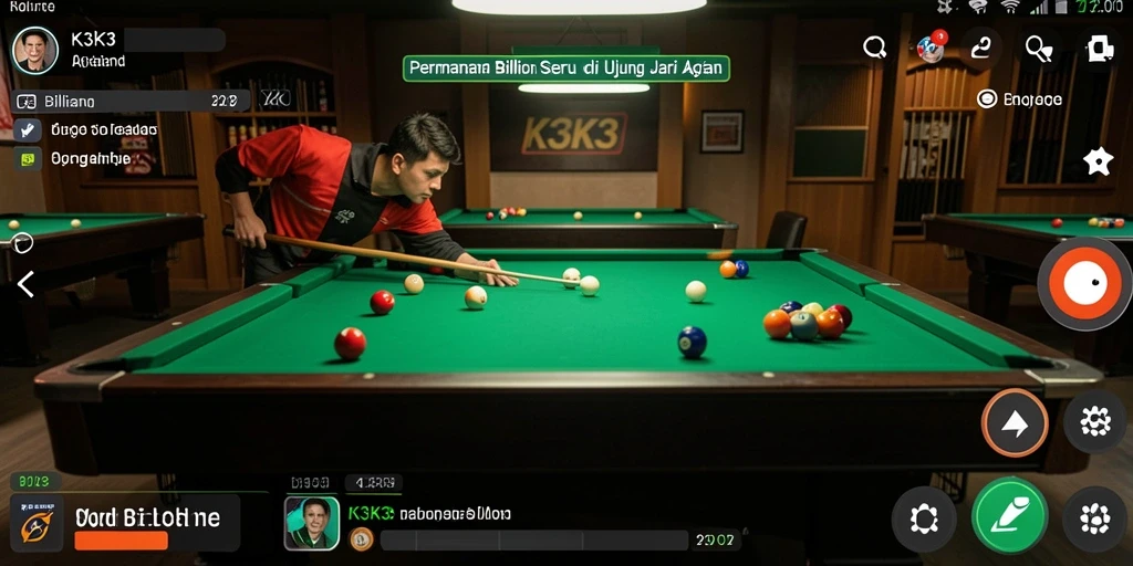 Tampilan antarmuka K3K3 saat bermain billiard yang menarik.