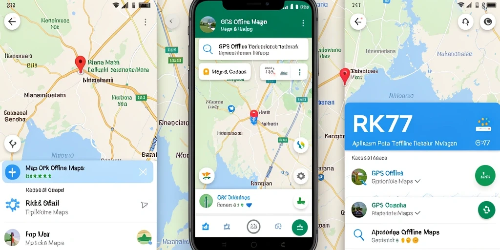 Antarmuka aplikasi RK77 dengan fungsi GPS offline yang intuitif.